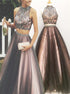 A Line Scoop Two Piece Beadings Tulle Prom Dress LBQ4257